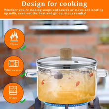 Clear glass cooking pot with lid and two handles, cork knob, ribbed sides
