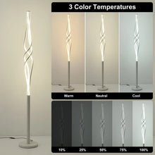 Spiral LED floor lamp showing warm, neutral, and cool light glow settings