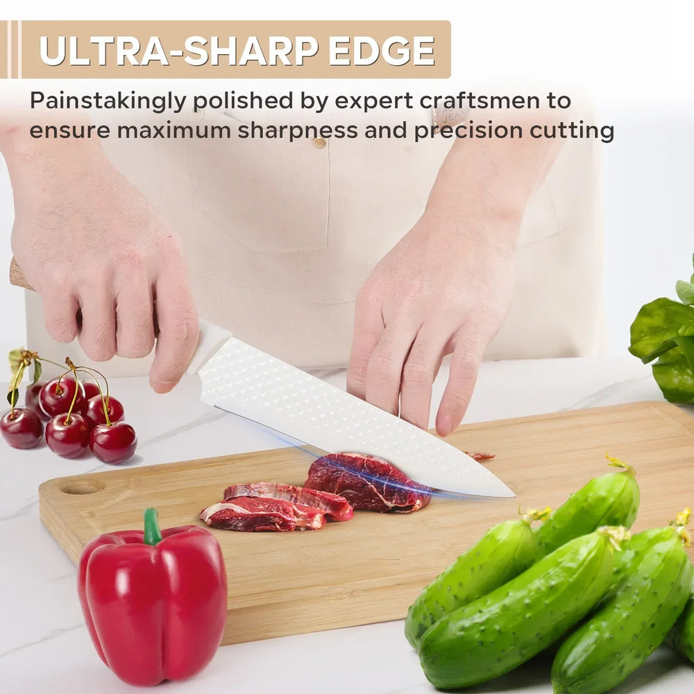 Vesteel Kitchen Knife Set of 7, Professional Stainless Steel Knives Set for Kitchen with Universal Knife Block - Khaki - USA MEGA SHOP
