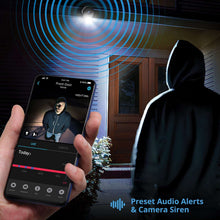 Smartphone app controlling home security camera with preset audio alerts