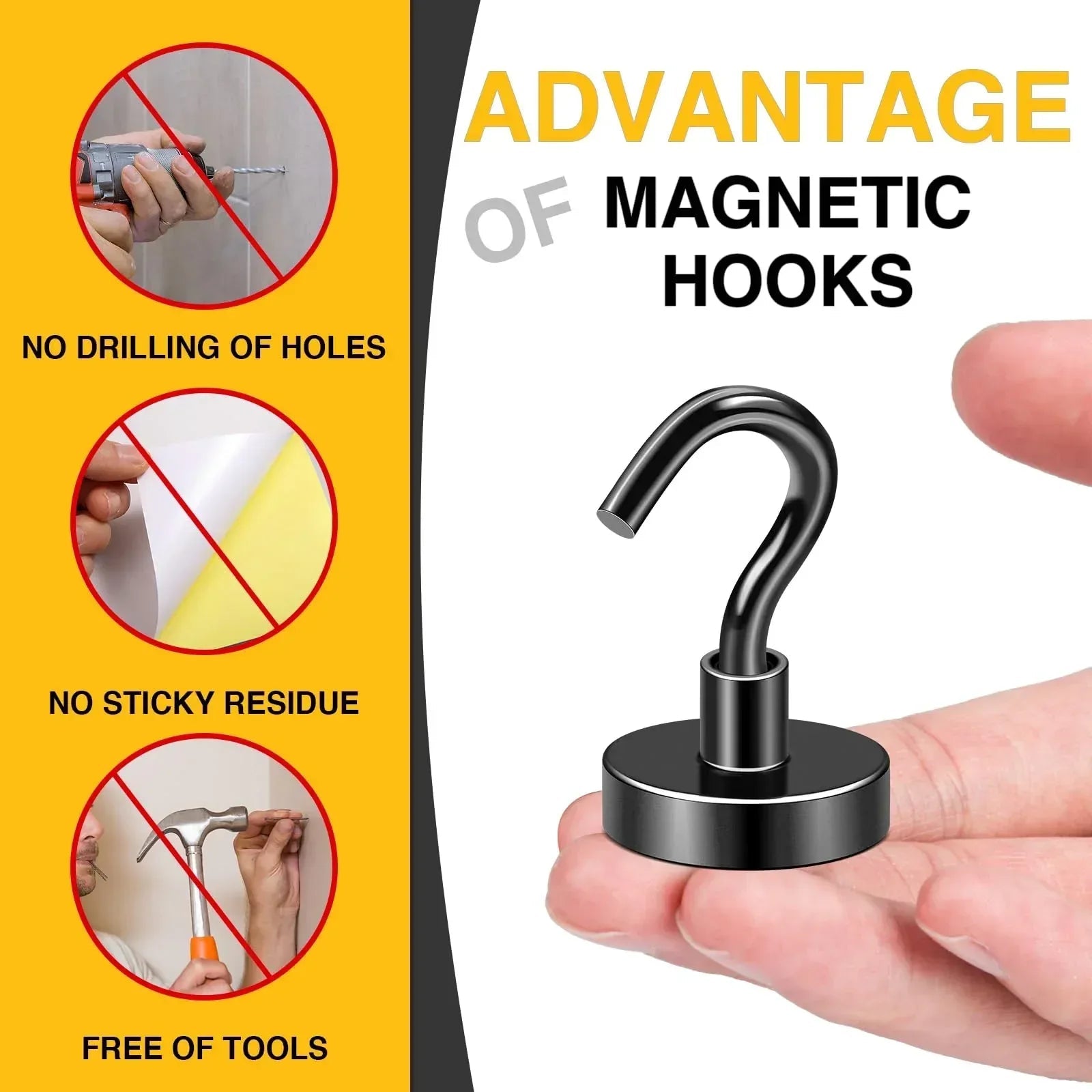 DIYMAG 10 Pcs Magnetic Hooks, 80Lbs Heavy Duty Rare Earth Neodymium Magnetic Hanger for Hardware Tools, Garage, Office, Kitchen (Black)