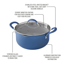 Blue ceramic stockpot with tempered glass strainer lid and stainless interior