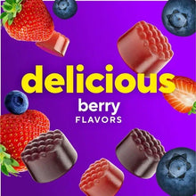 Berry-flavored women's gummy vitamins with fruit-shaped gummy icons on a purple graphic