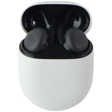 Charcoal wireless earbuds in charging case, front view with earbuds resting outward