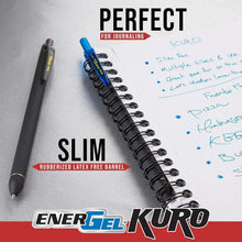 Slim blue and black gel pens beside planner with handwritten list, EnerGel Kuro