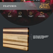 Multi-wood butcher block cutting board with horizontal striped wood surface