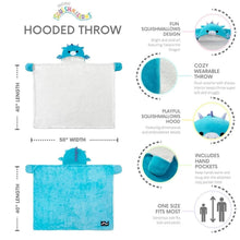 Blue dragon hooded throw blanket shown with hand pockets and plush hood