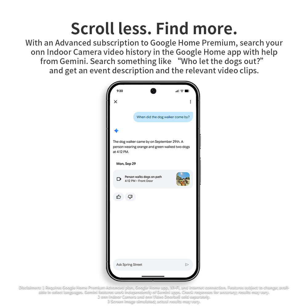 onn Indoor Camera Wired, 1080p HDR Video, with Google Home and Gemini ‚Äì Search Video History, Event Descriptions