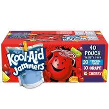 Juice pouch variety pack box with Kool-Aid Jammers character and a blue drink pouch