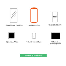 Screen protector kit: glass, application tray, cleaning wipe and microfiber cloth