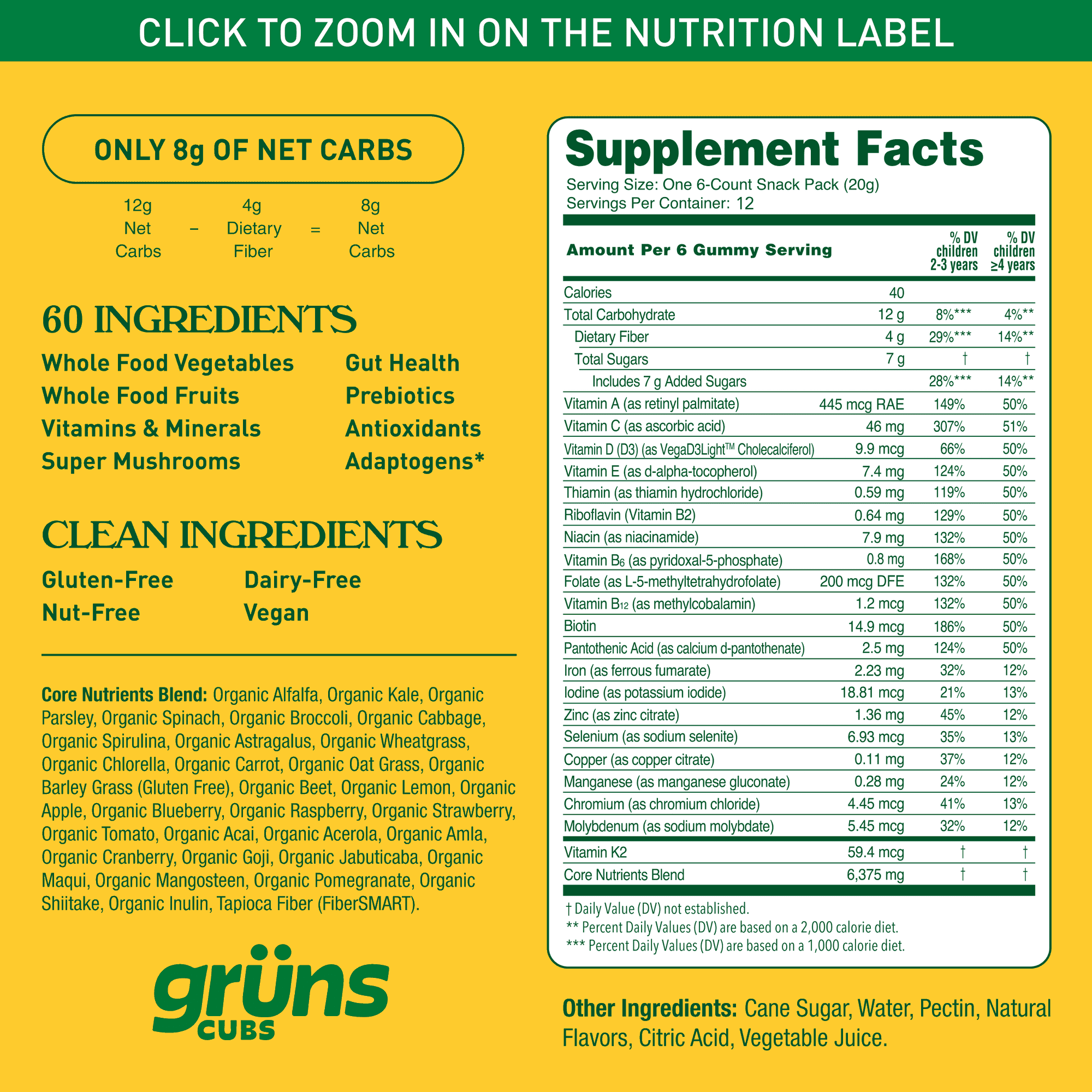 Gruns Kids Sugar-Free Super Greens Gummies, 21+ Vitamins & Minerals, 60 Organic Ingredients, Ages 2+, 12 Servings