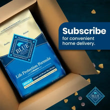 Adult dry dog food bag in mailer box with “Subscribe for convenient home delivery” text.