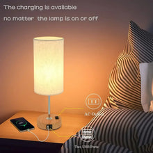 Small table lamp with fabric shade and wood base, USB C and A charging ports