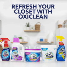 Assorted OxiClean laundry products lineup with odor and closet refresh message