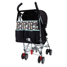 Monkey-print diaper tote organizer attached to stroller, black with teal trim