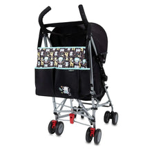 Black stroller caddy diaper tote with monkey-print panel and mint-trim front pocket