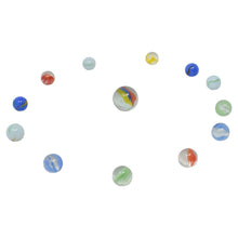 Assorted multicolor marbles scattered, showing several close-up views