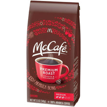 Ground coffee bag with "Premium Roast Smooth & Balanced" and "12 oz" medium label