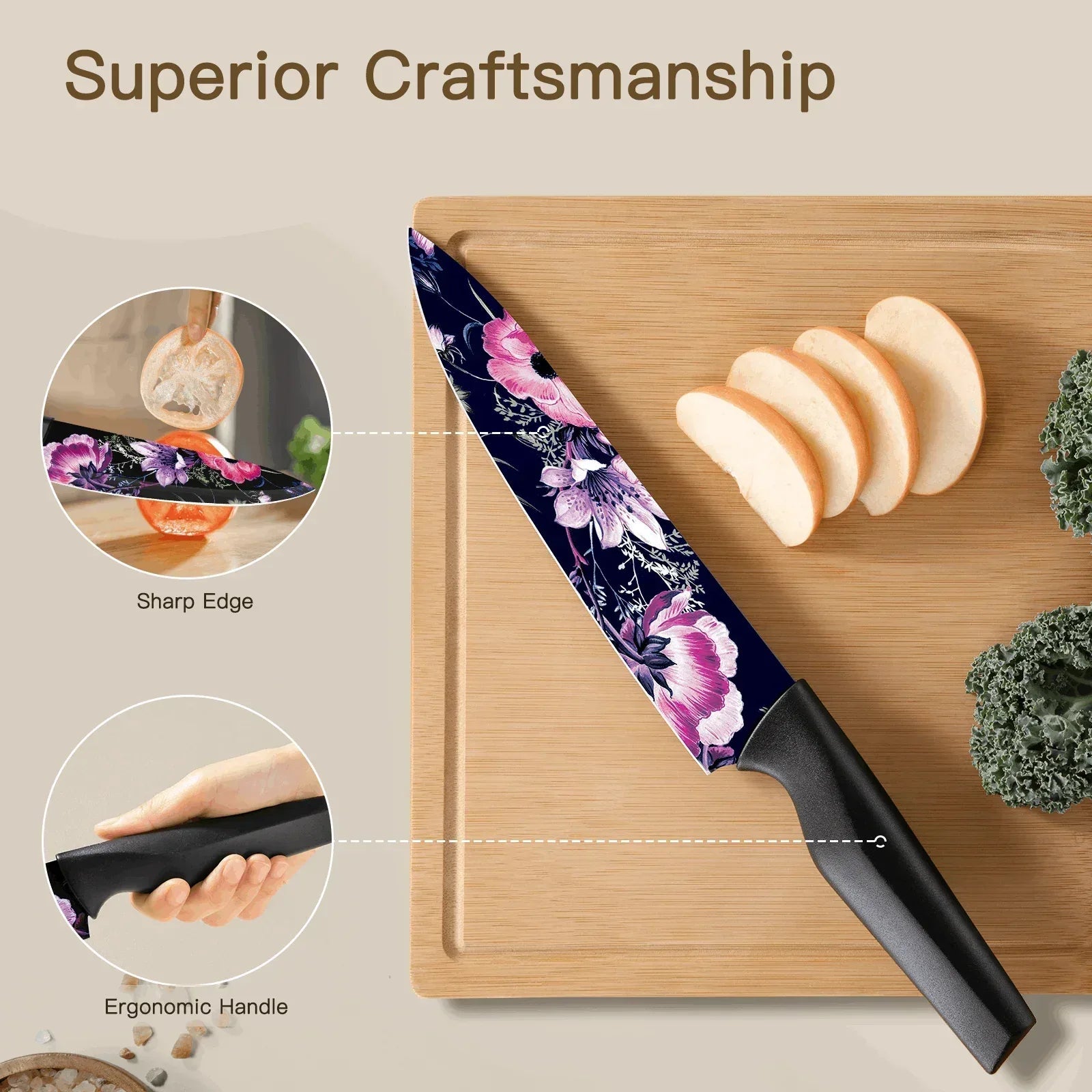 Astercook 6 Piece Color-Coded Kitchen Knife Set, Stainless Steel Chef Knives with 6 Anti-Rust Coating Blades and Blade Guards, Dishwasher Safe
