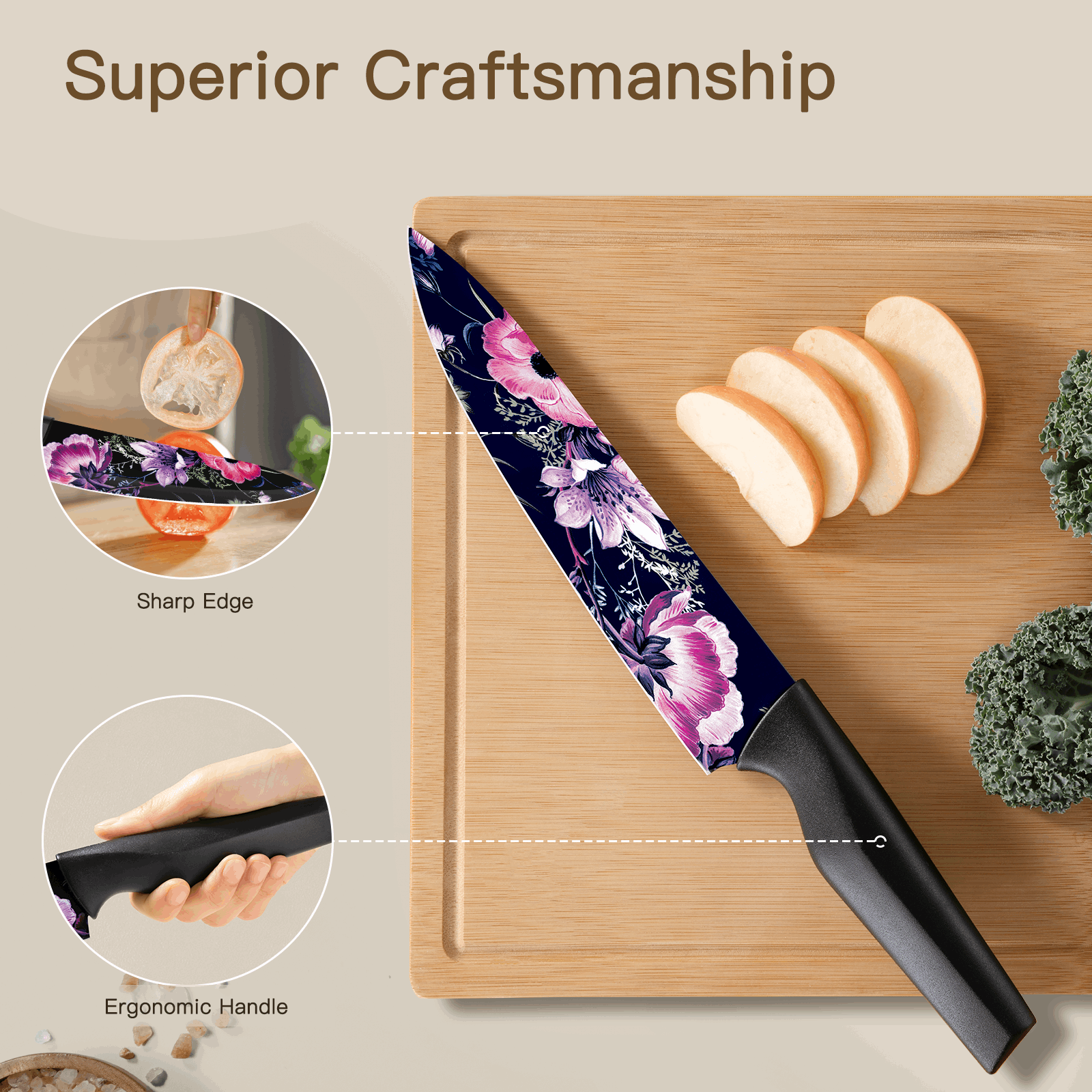 Astercook 6 Piece Color-Coded Kitchen Knife Set, Stainless Steel Chef Knives with 6 Anti-Rust Coating Blades and Blade Guards, Dishwasher Safe