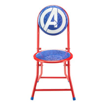 Red folding chair with Marvel Avengers logo back and blue printed seat