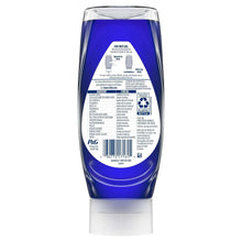 Blue dish soap bottle back label on an EZ-squeeze container with white base