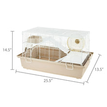 Split-level hamster habitat with running wheel, light beige base and white wire bars