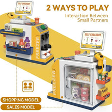 Yellow and gray kids cash register toy with self checkout screen and play accessories