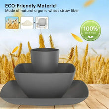 Gray stack of cups and bowls in wheat-straw dinnerware set