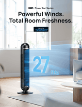 Black bladeless tower fan with tall airflow grille, standing on base