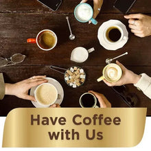 Coffee-making scene with multiple cups and 'Have Coffee with Us' banner