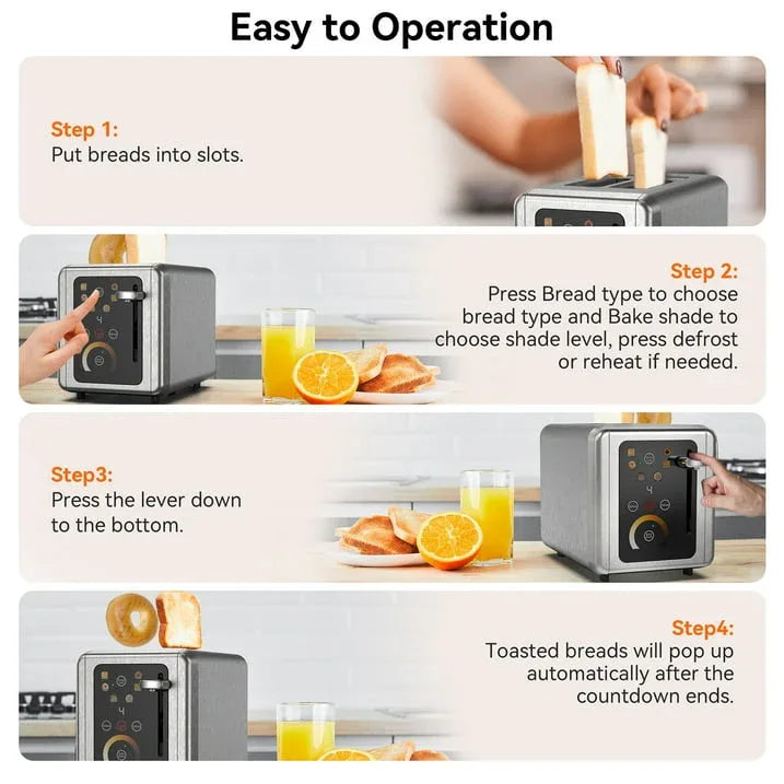WHALL 2 Slice Toaster, Touchscreen Toasters with Stainless Steel, Wide Slots, Bagel, Defrost, 850W - USA MEGA SHOP