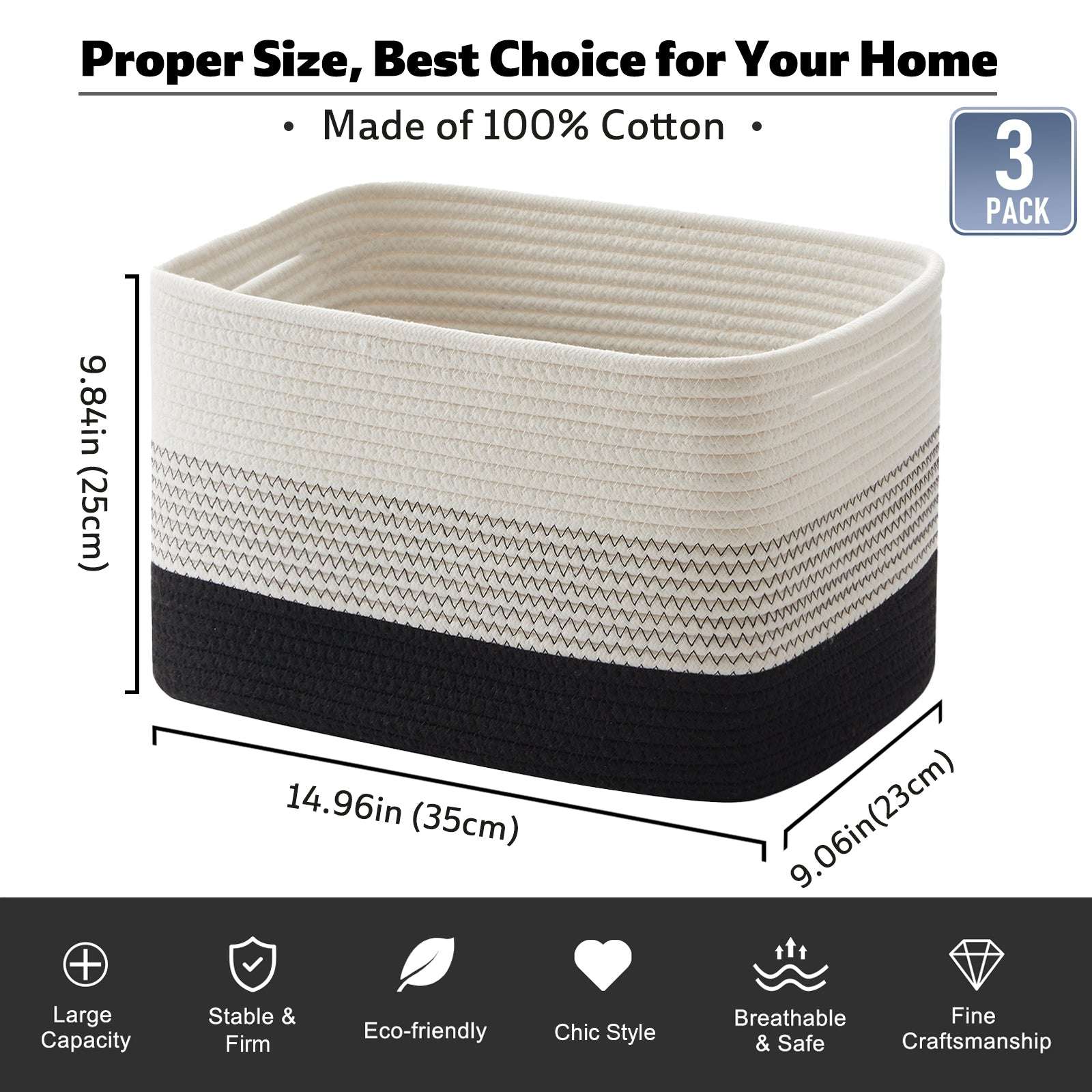 CHERISHGARD Storage Basket, Laundry Basket 3 Pieces, Woven Baskets for Storage for Toys, Towel