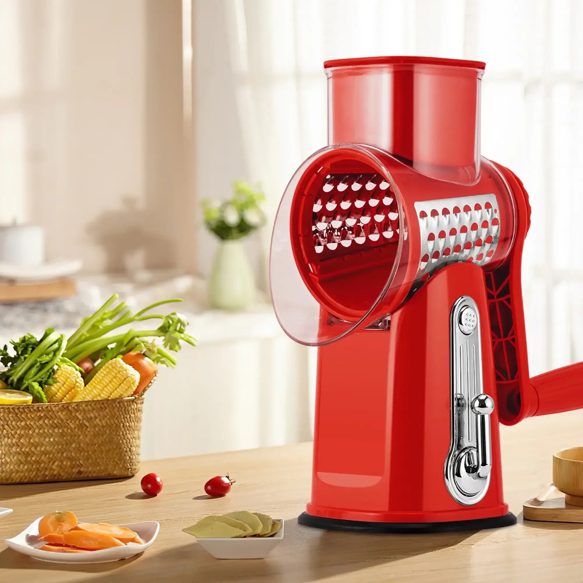 Pukomc Rotary Cheese Grater with Handle- 5 Blades, Suction Base, Mandoline Slicer & Veg Shredder with Blade Storage Box - USA MEGA SHOP