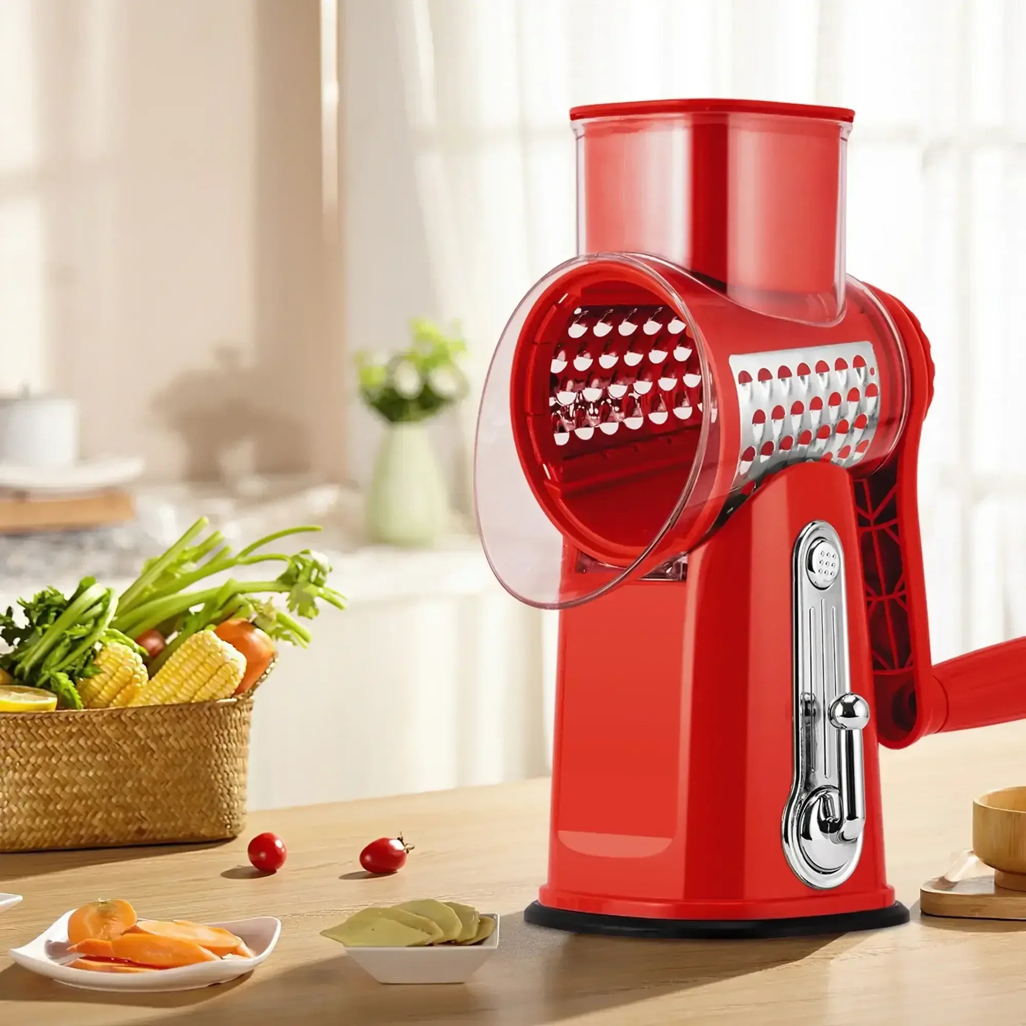 Pukomc Rotary Cheese Grater with Handle- 5 Blades, Suction Base, Mandoline Slicer & Veg Shredder with Blade Storage Box