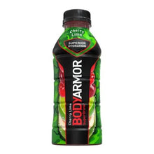 Sports drink bottle, cherry lime flavor with black cap and BODYARMOR label