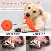 Orange crocodile rubber chew toy near a dog’s mouth for oral care.