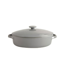 Gray covered stoneware casserole with domed lid and side handles