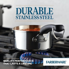 Stainless steel saucepan with black handle, riveted pour spout, and interior rivets
