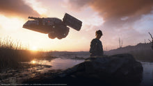 PS5 action game screenshot of a soldier on a beach at sunset with a vehicle flying overhead