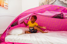 Pink and purple twin bed tent with star print, curved frame, and front open entrance