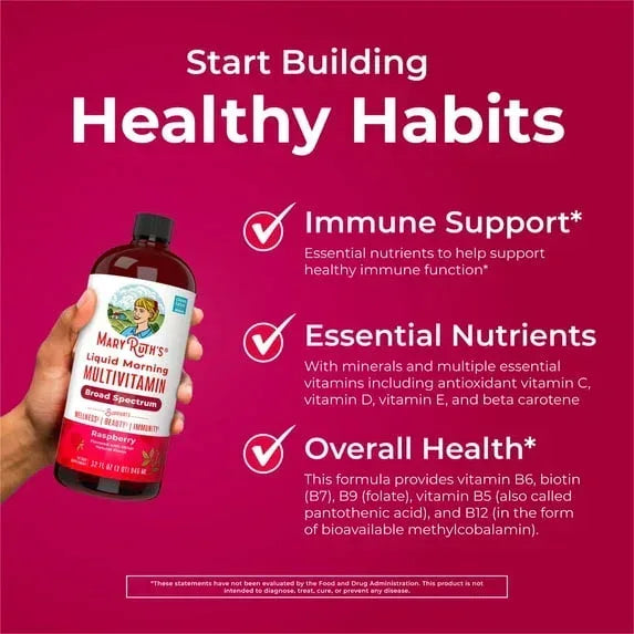 MaryRuth's Morning Multivitamin Liquid, Raspberry, Unisex, 32 Fl Oz, Vegan, Non-GMO, Vitamins C and D
