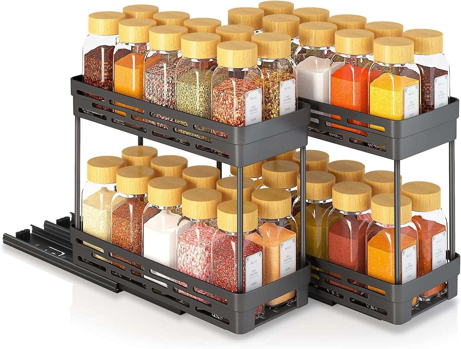AOKIWO 2 Packs Pull Out Slide-Out Spice Rack Organizer for Cabinets,Multi-Purpose Kitchen Cabinet Organizer, Suitable for Cabinet Size 12"Hx11"Dx5"W, Black
