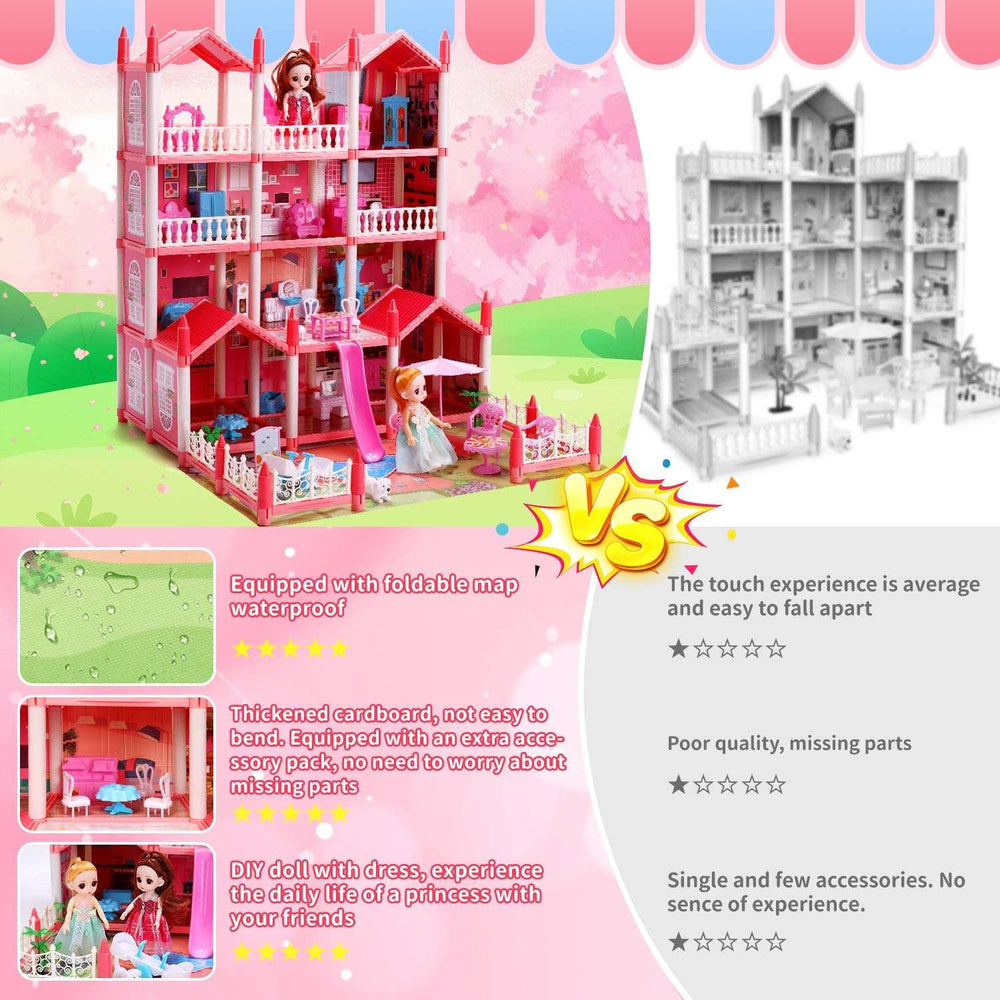 JoyStone Play Dollhouse with Doll Toy Figures, 14 Rooms Furniture and Colorful Lights, Creative Doll House Gift for Girls Ages 3+, Assemble Required, Pink - USA MEGA SHOP