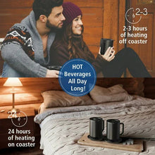 Warming coffee mug and coaster heating on a tabletop beside a sofa