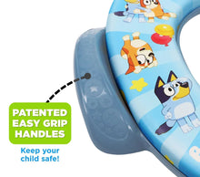 Blue potty training seat with Bluey graphic and textured side grip handles