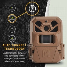 Tan cellular trail camera with four corner lens openings and front sensor window