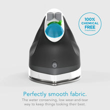Black and white cordless steam iron with blue water reservoir window