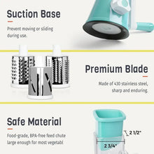 Teal rotary cheese grater with suction base and premium stainless replacement blade drums