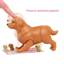 Brown dog toy on colorful mat with small puppies and a hand pressing